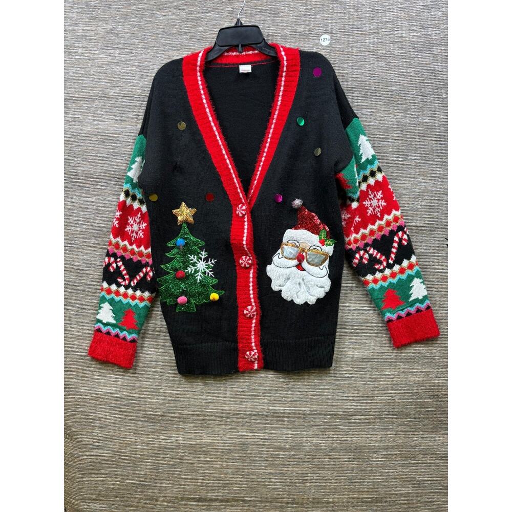 Holiday Time Christmas Cardigan Sweater Womens Size L Black Red Ugly Holiday